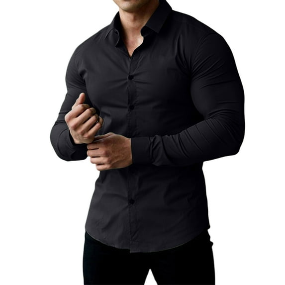 Domuza Muscle Dress Shirts for Men Slim Fit Stretch Long Sleeve Button Down Shirts Casual Solid Color Lapel Business Sports Blouse Black 3XL
