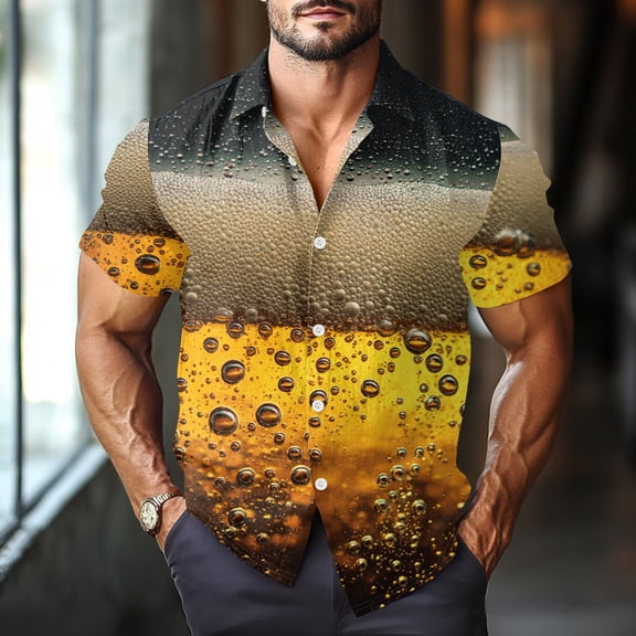 Domuza Oktoberfest Shirt Men Casual Relaxed Fit Funny Graphics Beer Festival T Shirts Trendy Short Sleeve Button Down Lapel Blouse Earthy Yellow 3XL