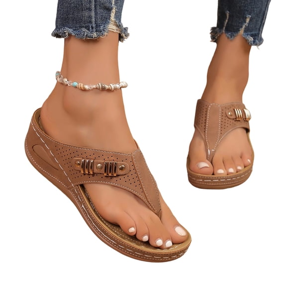 Domuza Orthopedic Casual Sandals for Women Non Slip Slip on Arch Support Summer Flat Sandals Breathable Walking Shoes 2026 New Comfort Orthopedic Shoes Brown 6.5(EU-37)