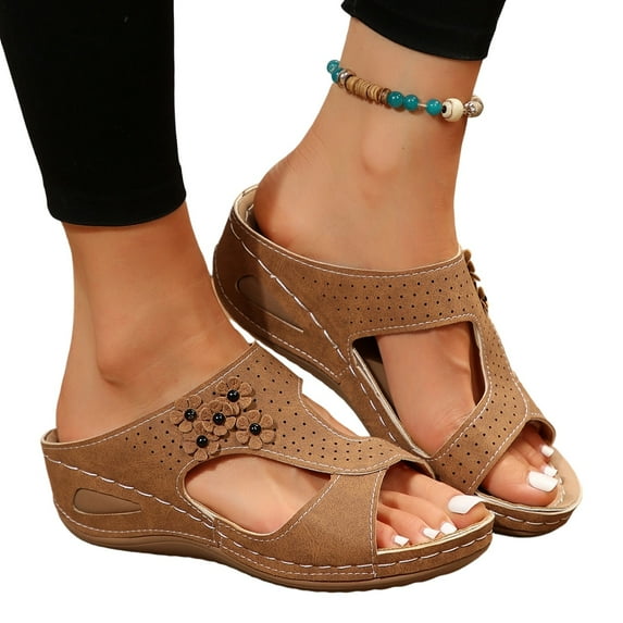 Domuza Orthopedic Casual Sandals for Women Non Slip Slip on Arch Support Summer Flat Sandals Lightweight Hiking Shoes 2026 Vacation Beach Orthopedic Shoes Brown 8.5(EU-41)