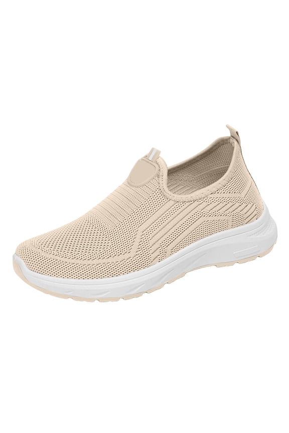 Orthopedic Casual Shoes for Women Arch Support Non Slip Slip on Running Shoes Wide Width Knitted Mesh Stretch Server Shoes Soft 2026 Foam Shoes Khaki 9（EU-42）