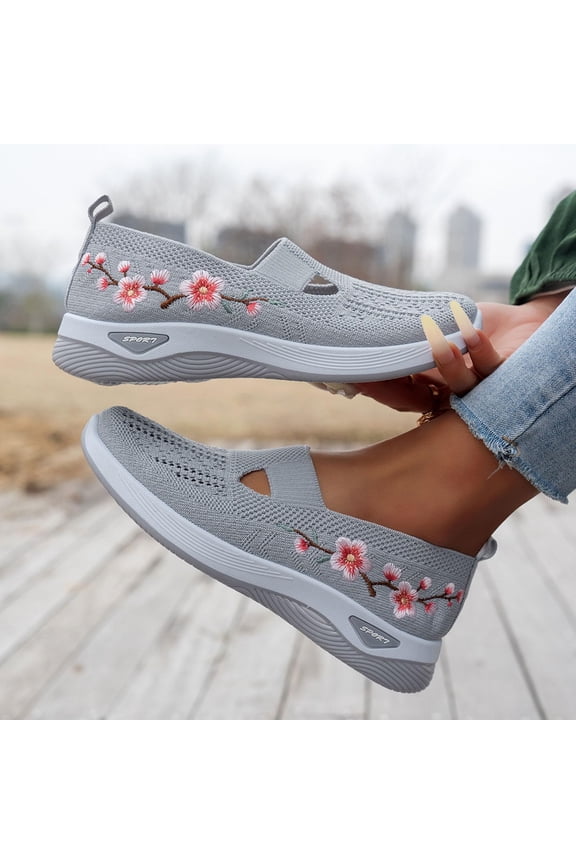 Orthopedic Casual Shoes for Women Arch Support Non Slip Slip on Tennis Shoes Wide Width Knitted Mesh Stretch Server Shoes Comfort 2026 New Foam Shoes Gray 6.5(EU-37)