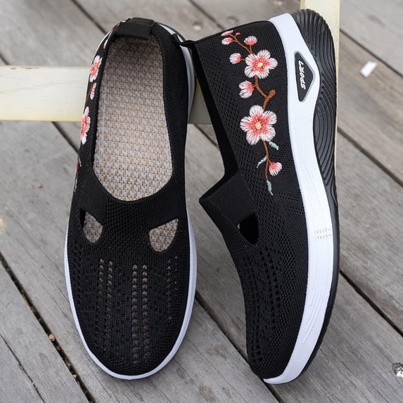 Domuza Orthopedic Casual Shoes for Women Arch Support Non Slip Slip on Tennis Shoes Wide Width Knitted Mesh Stretch Volleyball Shoes Soft New Foam Shoes Black 7(EU-38)