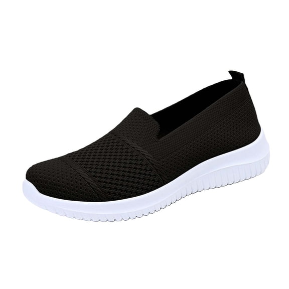 Domuza Orthopedic Dress Shoes for Women Arch Support Non Slip Slip on Work Shoes Wide Knitted Mesh Stretch House Shoes Soft 2026 Foam Shoes Black 6.5(EU-37)