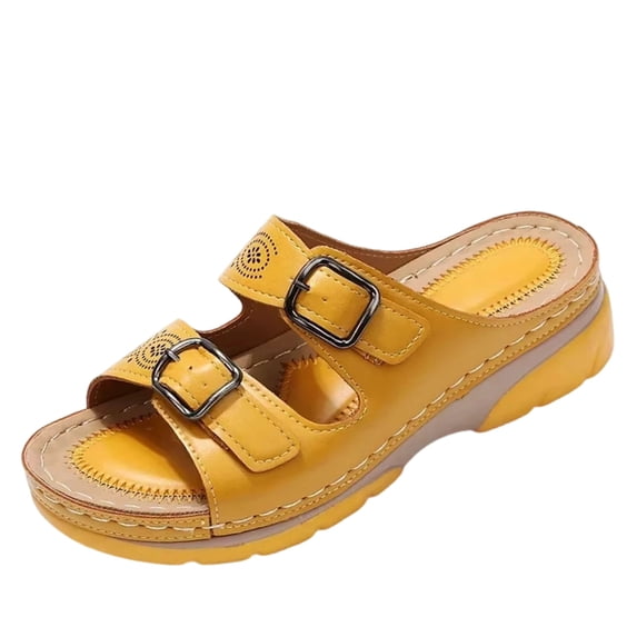 Domuza Orthopedic Sandals for Women Arch Support Flat Wedge Sandals Wide Non Slip Slip on Walking Shoes Comfortable 2026 New Foam Shoes Yellow 8(EU-40)