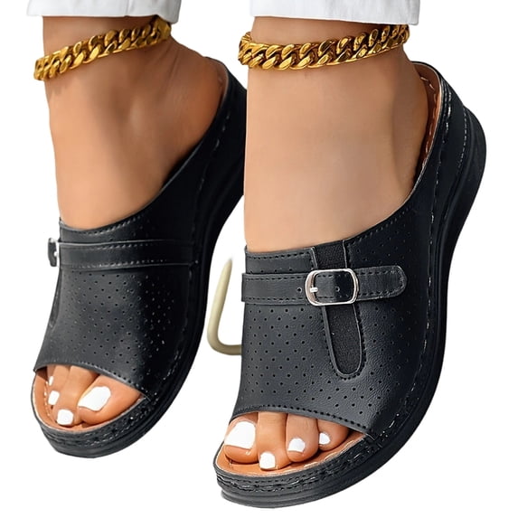 Domuza Orthopedic Sandals for Women Arch Support Summer Flat Sandals Wide Non Slip Slip on Beach Slippers Vacation Beach 2026 Orthopedic Shoes Black 10(EU-43)
