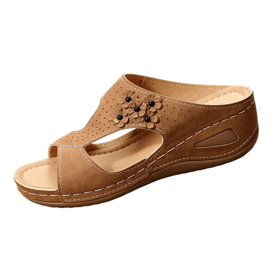 Domuza Orthopedic Sandals for Women Arch Support Summer Flat Sandals Wide Width Non Slip Slip on Beach Slippers Comfortable 2026 New Orthopedic Shoes Brown 8.5(EU-41)