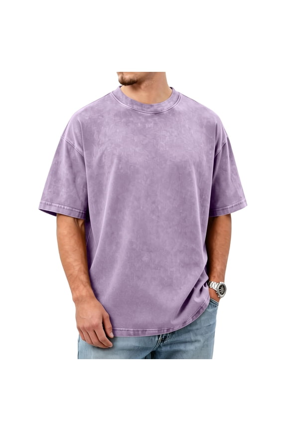 Oversized Tshirts for Men Short Sleeve Crewneck Vintage Washed Basic Loose Tees Purple L