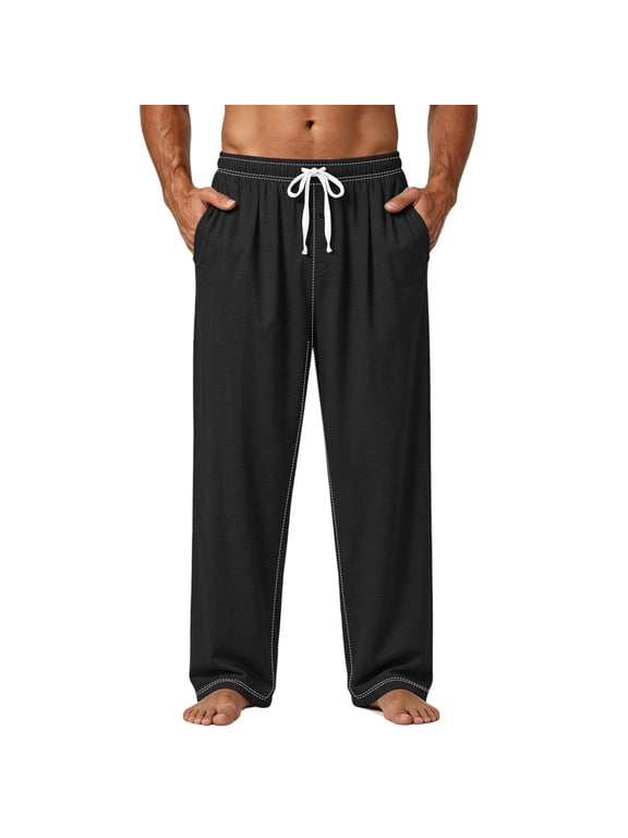 Pajama Pants for Men Casual Loose Fit Drawstring Pj Pants With Fly Opening Wide Leg Lightweight Pajamas With Pockets Black XL
