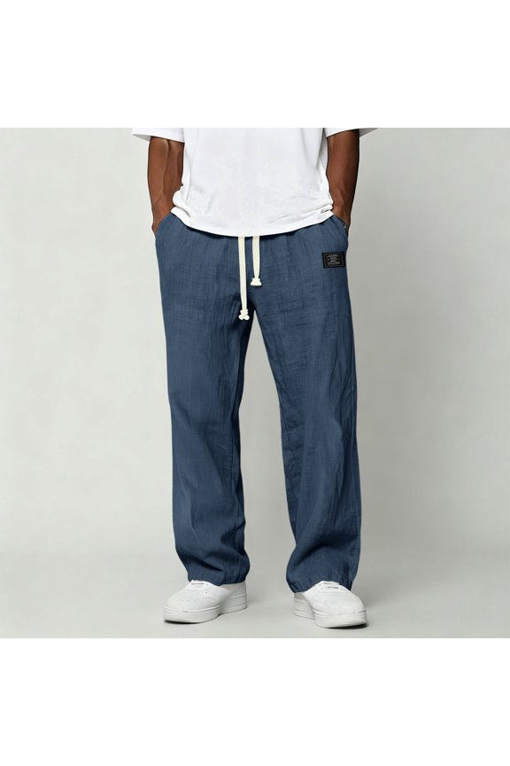 Pants for Men Casual Loose Hemp Drawstring Elastic Waist Trousers Lightweight Wide Leg Linen Pant with Pocket Navy XL
