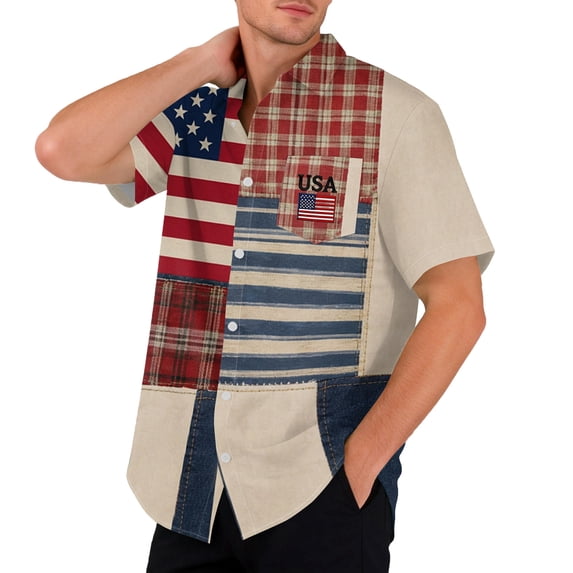 Domuza Patriotic Shirts 4th Of July for Men American Flag Pattern Casual Lapel Button-Up Short Sleeve T-Shirts Summer Fashion Comfortable Tops with Pockets Sky Blue 2XL