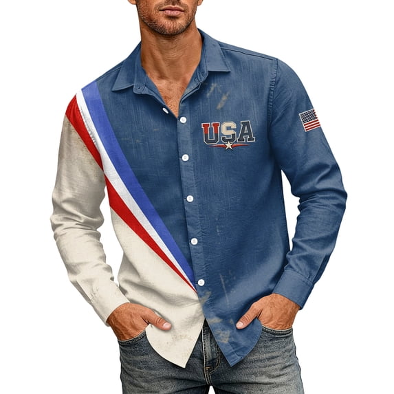Domuza Patriotic Shirts 4th Of July for Men Usa Flag Print Casual Lapel Button Up Long Sleeve Tee Shirts 2026 Summer Fashion Comfort Loose Fit Tops Wine XL