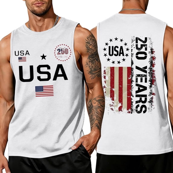 Domuza Patriotic Shirts 4th Of July for Men Usa Flag Print Casual Crew Neck Sleeveless Tee Shirts 2026 Summer Fashion Comfy Loose Fit Top White 2XL