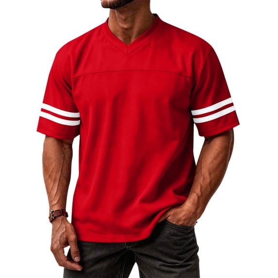Domuza Plain Men's Football Jerseys V-Neck Fitness T-Shirts Workout Outfits Casual Party Tops Red S