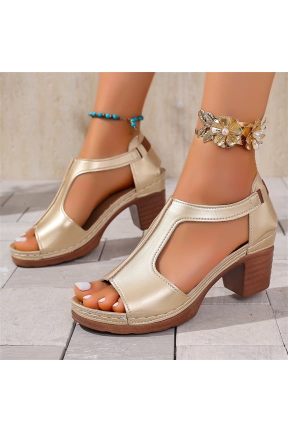 Platform Wedge Sandals for Women, Casual Slip on Chunky Block Heels Sandals, 2026 Summer Open Toe Hollow Low Heel Dress Sandal Gold 8(EU-40)