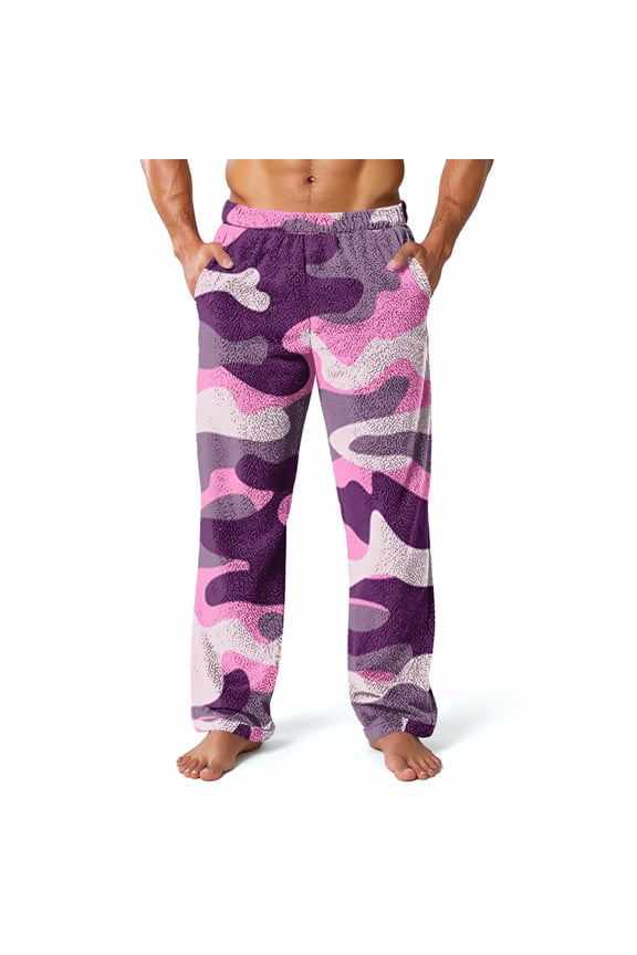 Plush Warm Pajama Pants Men Fluffy Soft Fleece Loose Fit Elastic Waist Pj Pants Fall Winter Camo Wide Leg Lounge Sleep Pants Light Purple M