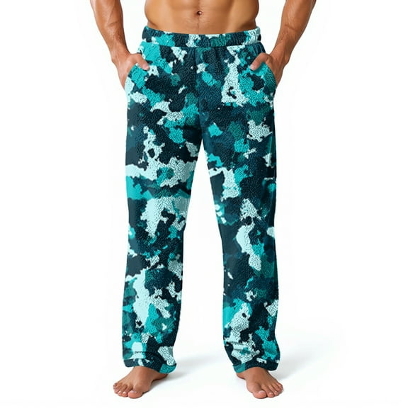 Domuza Plush Warm Pajama Pants Men Fluffy Soft Fleece Relaxed Fit Elastic Waist Pj Pants Fall Winter Camo Wide-Leg Lounge Sleepwear Royal Blue L