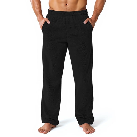 Domuza Plush Warm Pajama Pants for Men Soft Comfy Fleece Loose Fit Stretch Waist Pjs Trousers Fall Winter Solid Color Wide Leg Lounge Sleep Pants Black L