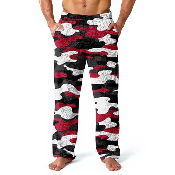 Domuza Plush Warm Pajama Pants Men Soft Comfy Fleece Relaxed Fit Stretch Waist Pjs Trousers Fall Winter Camo Straight-Leg Lounge Sleepwear Red M