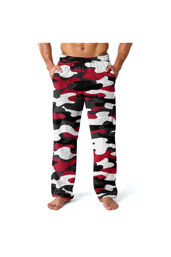 Plush Warm Pajama Pants for Men Soft Comfy Fleece Baggy Stretch Waist Pj Pants Fall Winter Camo Straight Leg Lounge Sleep Pants Red 2XL