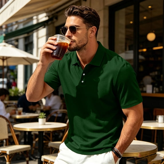 Domuza Polo Shirts for Men Cotton Short Sleeve T-Shirts 3 Buttons Classic Fit Casual Lightweight Breathable Golf Shirts Dark Green 3XL