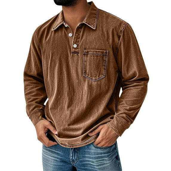 Domuza Polo Shirts for Men Retro Distressed Washed Long Sleeve Mokaloha Shirts Cotton Casual Relaxed Fit Button Up Lapel Blouse with Pockets Brown L