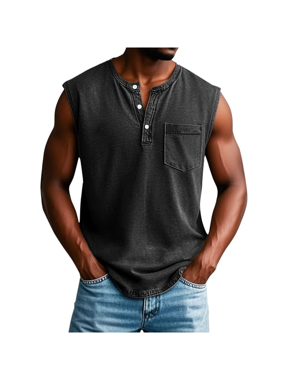 Polo Shirts for Men Retro V-Neck Button Down Tops Distressed Washed Sleeveless Tees Sporty Clothes with Chest Pocket Black XXL