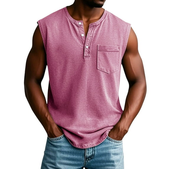 Domuza Polo Shirts for Men Retro V Neck Button Tank Tops Distressed Washed Sleeveless Pullover Sporty Clothing with Chest Pocket Pink M