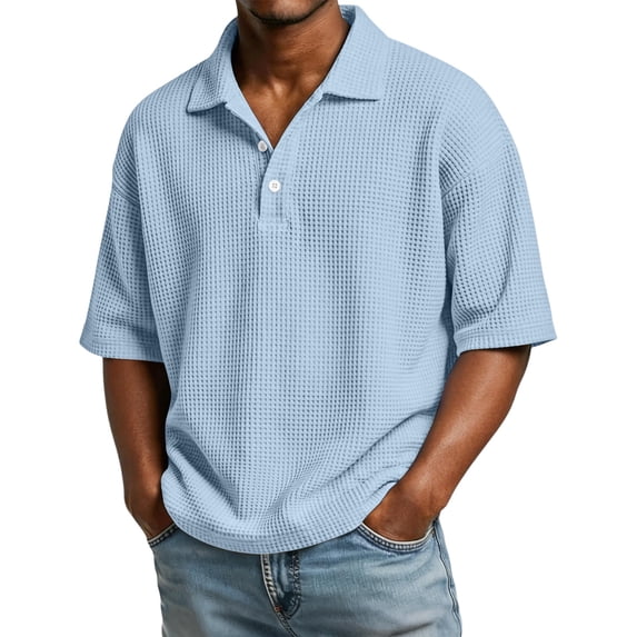 Domuza Polo Shirts for Men Short Sleeve Collared Waffle Shirt Summer Lightweight Golf Shirts Beach T-Shirts Light Blue XL