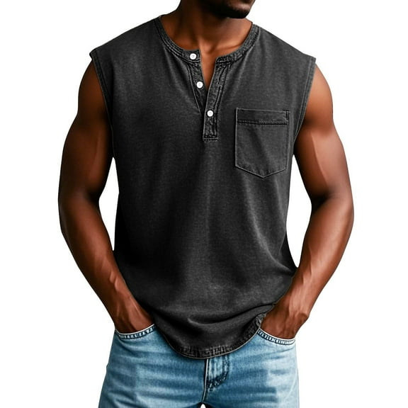 Domuza Polo Shirts for Men Vintage V-Neck Button Tank Tops Distressed Washed Sleeveless Tees Sporty Clothing with Chest Pocket Black L