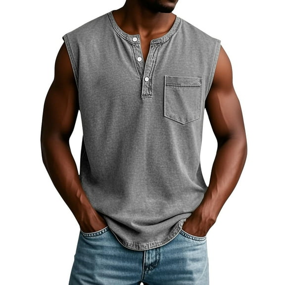 Domuza Polo Shirts for Men Vintage V-Neck Button Tops Distressed Washed Sleeveless Tees Muscle Gym Workout Running Clothing with Chest Pocket Gray M