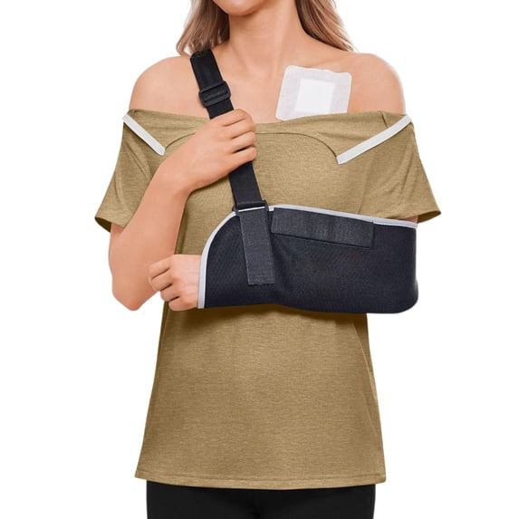 Domuza Post Shoulder Surgery Recovery Shirts Women After Rotator Cuff Post Shoulder Surgery Short Sleeve T-Shirts Chemo Dialysis Port Top Khaki 3XL