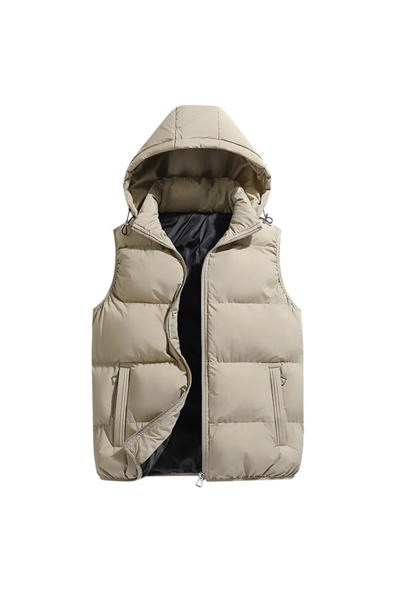 Puffer Vest Men Sleeveless Lightweight Zip Up Padded Cotton Jackets Coat Winter Thick Thermal Oversized Quilted Outerwear with Hood Khaki XL
