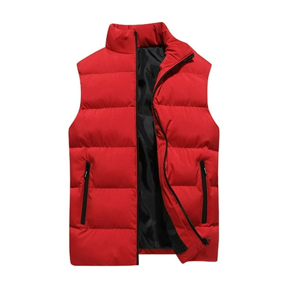 Domuza Puffer Vest Men Sleeveless Stand Collar Padded Cotton Waistcoat Fall Winter Thermal Stylish Quilted Zipper Coat Outwear with Pocket Red XL