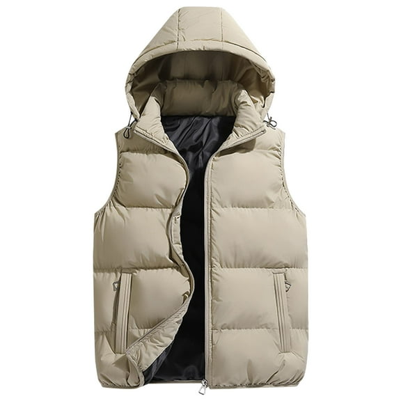 Domuza Puffer Vest for Men Lightweight Sleeveless Zipper Padded Cotton Jacket Vest Winter Thick Warm Relaxed Fit Quilted Outerwear with Hood Khaki M