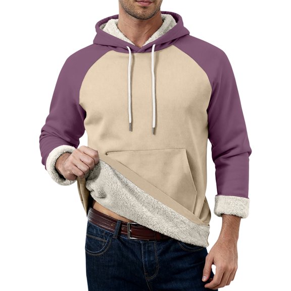 Domuza Pullover Hoodie for Men Thick Sherpa Lined Heavyweight Hooded Sweatshirt Fall Winter Thermal Trendy Contrast Color Workout Fleece Pullover Purple XL