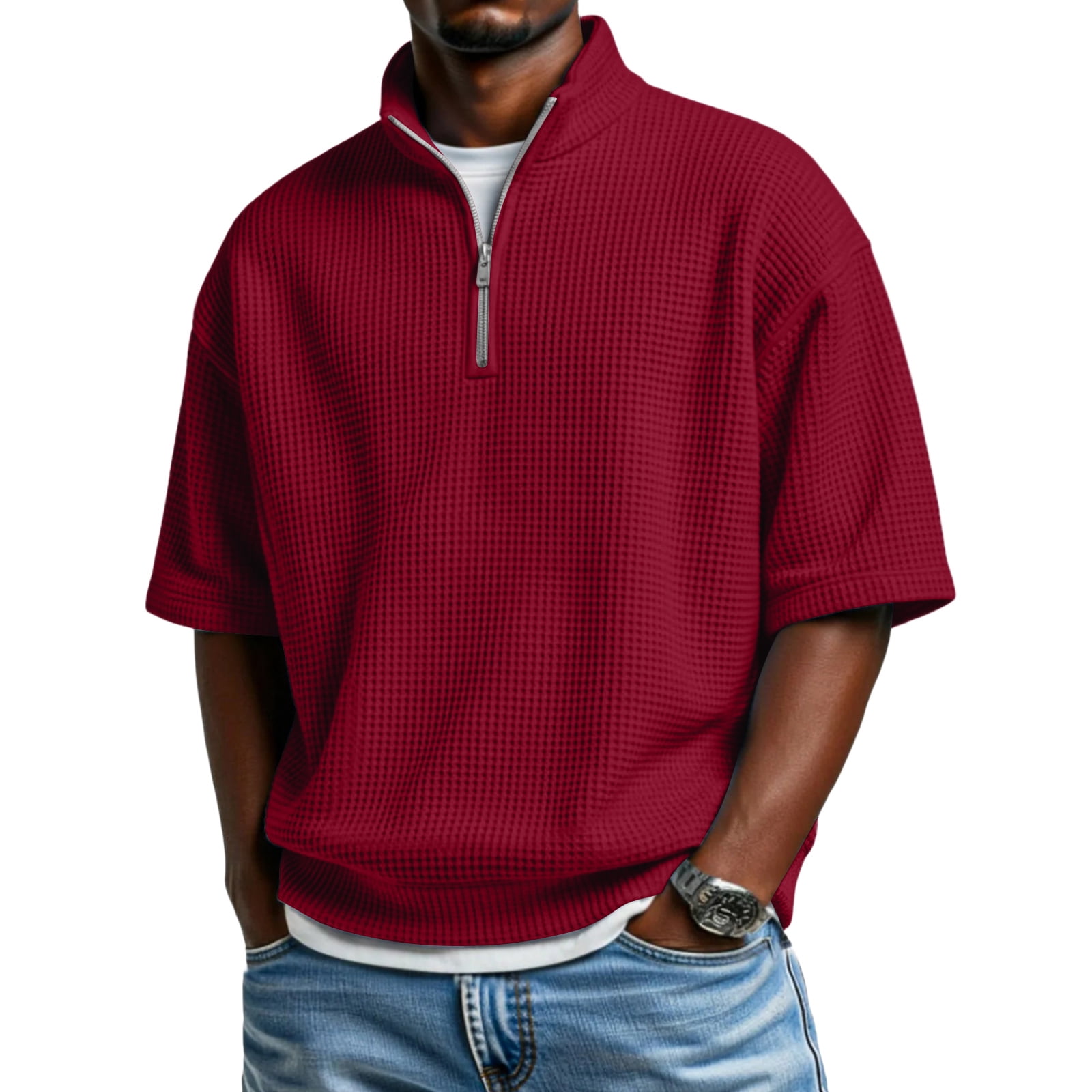 Domuza Quarter Zip Pullover Men Big and Tall Comfort Waffle Short ...