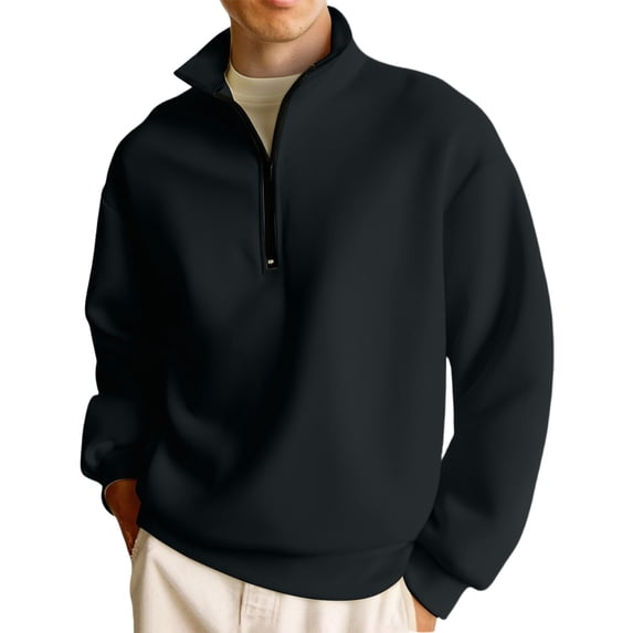 Domuza Quarter Zip Pullover Men Casual Mock Neck Long Sleeve Sweatshirt Fall Loose Fit Lightweight Solid Color Quilted Polo Sweater Black M