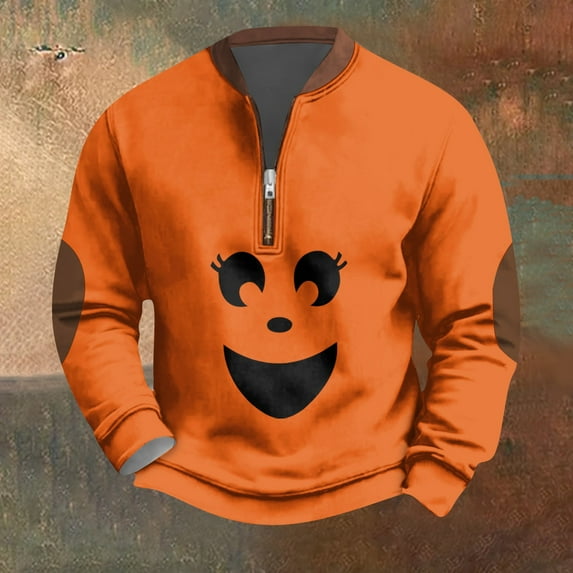 Domuza Quarter Zip Pullover Men Halloween Funny Horror Print Long Sleeve Sweatshirt Fall Winter Comfy Soft Cotton Blouse with Elbow Patches Ginger L
