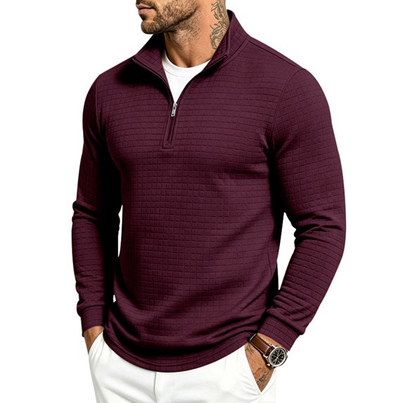 Domuza Quarter Zip Pullover Sweatshirt for Men, Waffle Knit Mock Neck Polo Sweater, Fashion Winter Long‑Sleeve Casual Tops