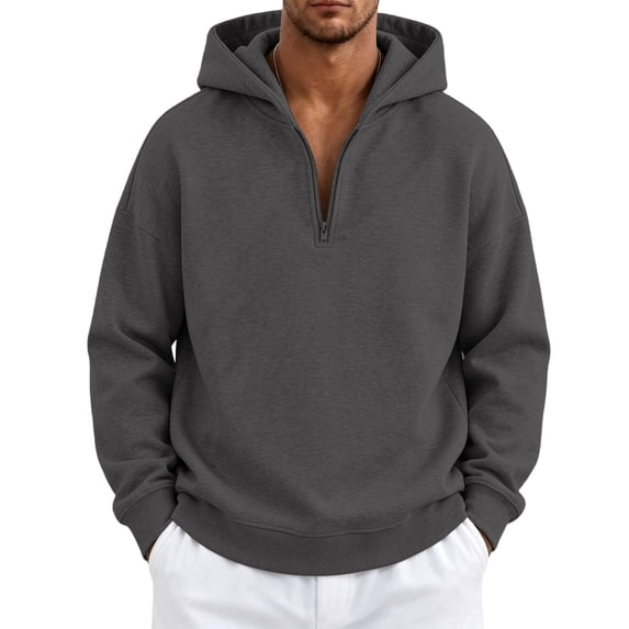 Domuza Quarter Zip Up Hoodie for Men Long Sleeve Drop Shoulder Fleece Sweatshirt Fall Winter Stylish Casual Pullover Hoodies Streetwear Dark Gray S