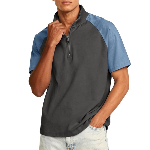 Domuza Quarter Zip Up Shirts for Men Lightweight Mock Neck Sweatshirt Casual Short Sleeve Color Block Athletic Shirt Black 4XL