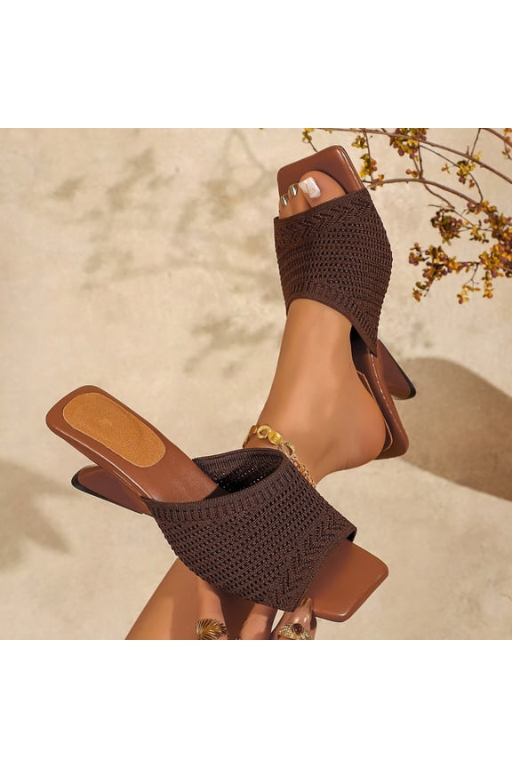 Retro Knitted Slide Sandals for Women Open-Toe 2026 Summer Beach Fashion Slip-On Shoes Chunky Heel Mule Dressy Slippers Brown 7.5(EU-39)