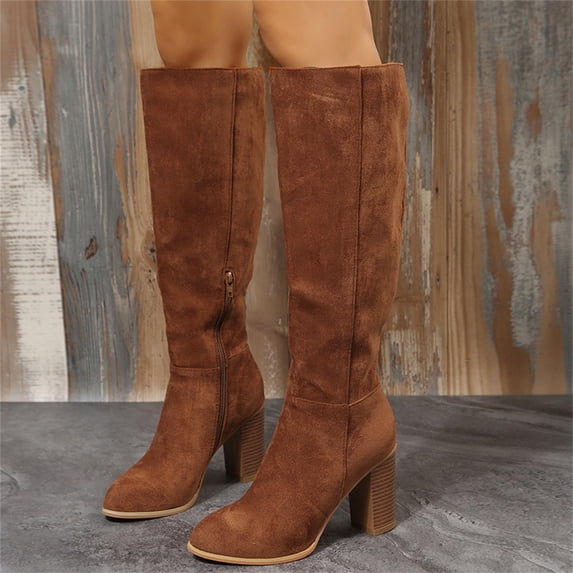 Domuza Round Toe Suede Knee High Fall Boots for Women,Fall Winter Fasion Tall Long High Heel Chunky Block Boots with Side Zipper, Brown 9(EU-42)