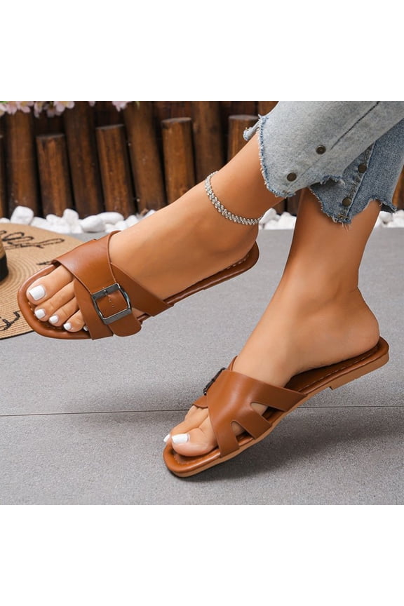 Sandals For Women 2026 Summer Flats Comfortable Wide Width Cute Slides Womens Casual Walking Beach PU Leather Shoes Brown 5.5(EU-36)