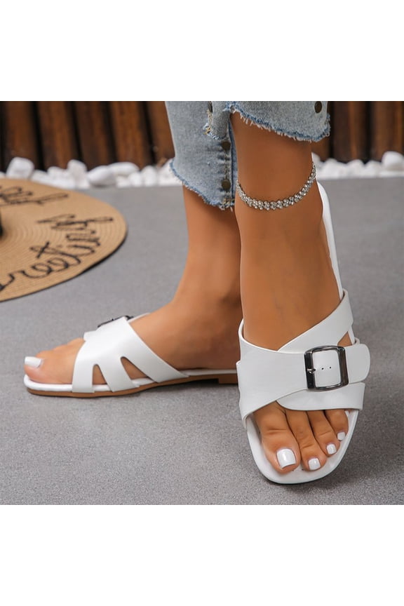 Sandals For Women 2026 Summer Flats Comfortable Wide Width Cute Slides Womens Casual Walking Beach PU Leather Shoes White 10(EU-43)