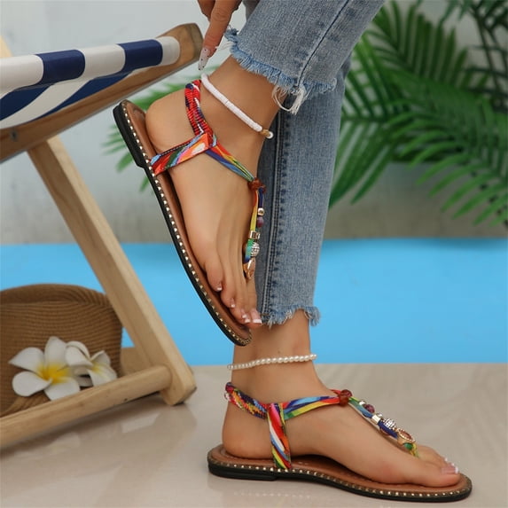 Domuza Sandals Women Flat Shoes Summer Bohemian Toe-Separator Sandals Casual Comfortable Beach Flip Flops with Elastic Band Red 8(EU-40)