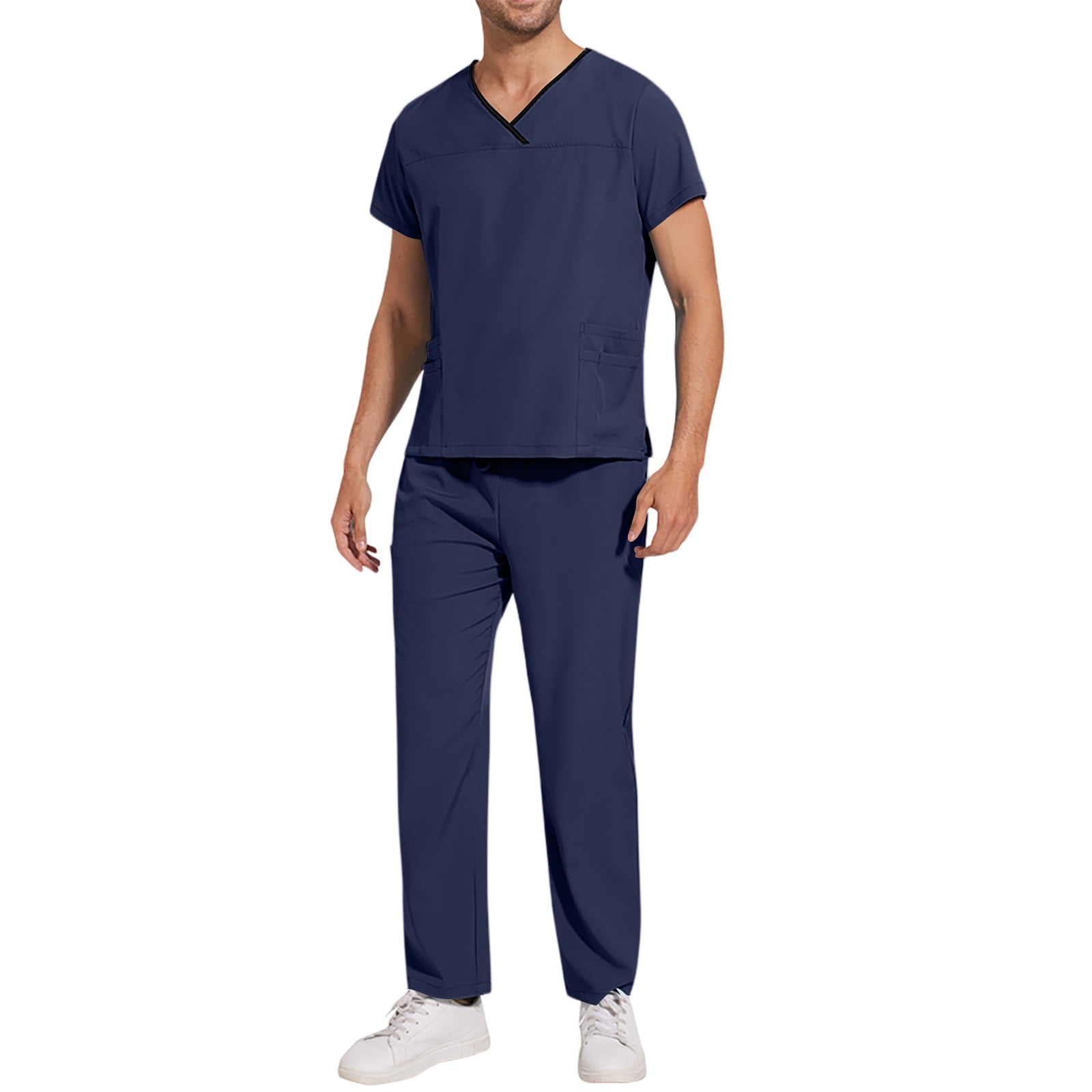 Scrub Set for Men Loose Fit Short Sleeve V-Neck Solid Color Top & Straight Leg Pants Soft Comfort Stretch Working Uniform with Pockets Dark Blue XL