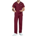 thumbnail image 1 of Domuza Scrub Set Men Loose Fit V-Neck Short Sleeve Solid Color Top & Straight Leg Pants Stretch Soft Comfort Caregiver Set with Pockets Wine L, 1 of 5