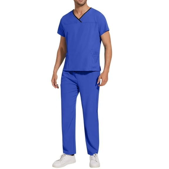Domuza Scrub Set for Men Relaxed Fit V-Neck Short Sleeve Solid Color Top & Straight Leg Pants Stretch Soft Comfort Medical Workwear with Pockets Royal Blue L